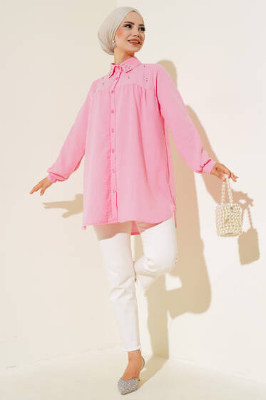 Yaka Taşlı Keten Gömlek Pembe - Gömlek