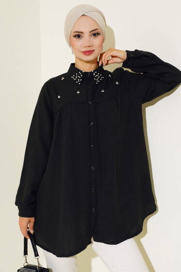 Yaka Taşlı Keten Gömlek Siyah - Gömlek