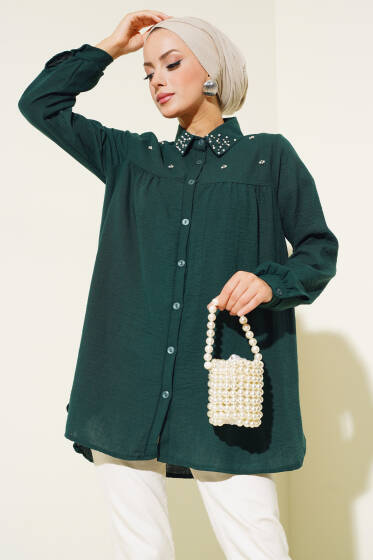 Yaka Taşlı Keten Gömlek Zümrüt - Gömlek