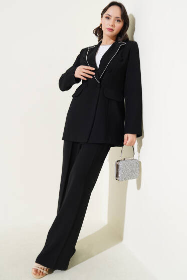 Yaka Taşlı Krep İkili Takım Siyah - İkili Takım