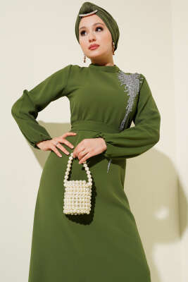 Yaka Taşlı Kuşaklı Elbise Haki - Tesettür Elbise
