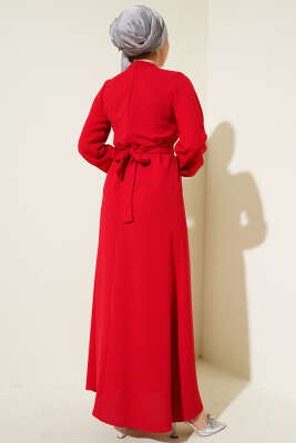 Yaka Taşlı Kuşaklı Elbise Kırmızı - Tesettür Elbise