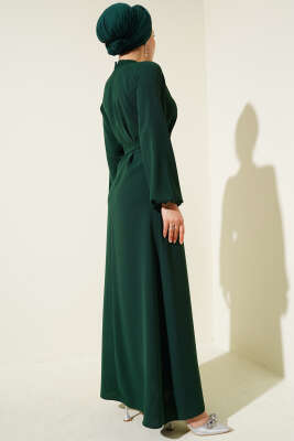 Yaka Taşlı Kuşaklı Elbise Zümrüt - Tesettür Elbise