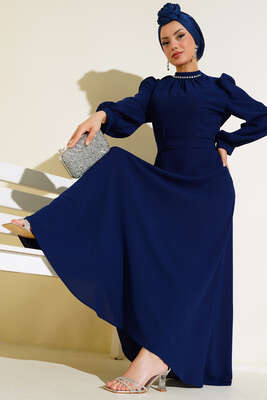 Yaka Taşlı Kuşaklı Krep Elbise Lacivert - Thumbnail