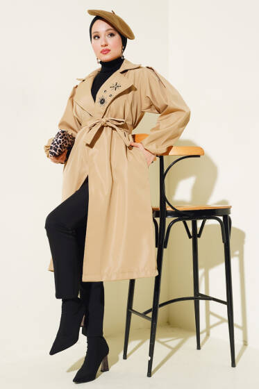 Yaka Taşlı Kuşaklı Trençkot Latte - Trençkot