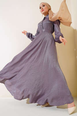 Yaka Taşlı Parlak Saten Elbise Lila - Thumbnail