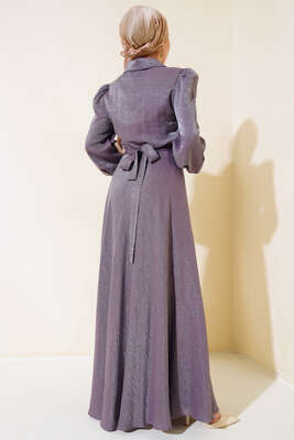 Yaka Taşlı Parlak Saten Elbise Lila - Thumbnail