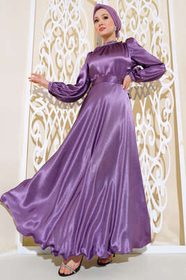 Yaka Taşlı Parlak Saten Elise Mor - Tesettür Elbise