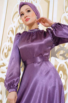 Yaka Taşlı Parlak Saten Elise Mor - Tesettür Elbise