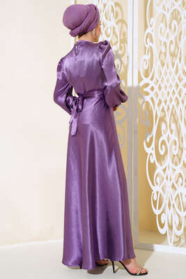 Yaka Taşlı Parlak Saten Elise Mor - Tesettür Elbise