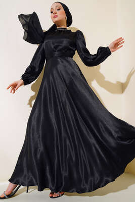 Yaka Taşlı Parlak Saten Elise Siyah 