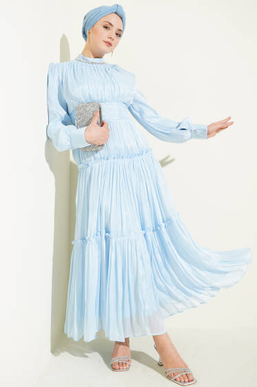 Yaka Taşlı Pileli Abiye Elbise Bebe Mavi - Elbise