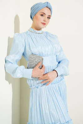 Yaka Taşlı Pileli Abiye Elbise Bebe Mavi - Elbise