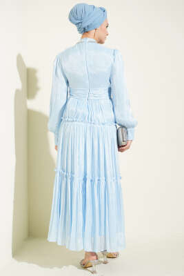 Yaka Taşlı Pileli Abiye Elbise Bebe Mavi - Elbise