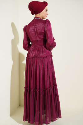 Yaka Taşlı Pileli Abiye Elbise Bordo - Elbise