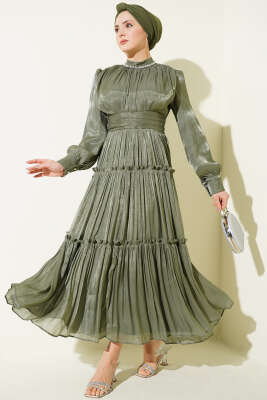 Yaka Taşlı Pileli Abiye Elbise Haki - BERAT TEKSTİL