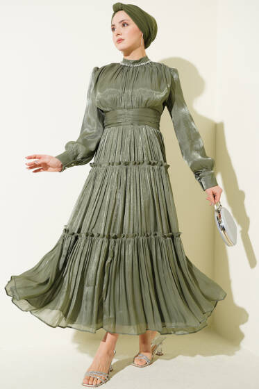 Yaka Taşlı Pileli Abiye Elbise Haki - Elbise