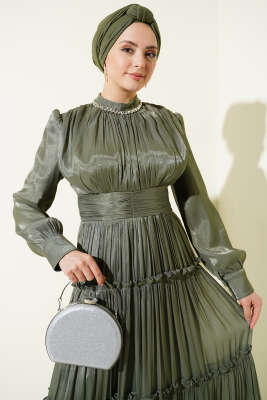 Yaka Taşlı Pileli Abiye Elbise Haki - Elbise