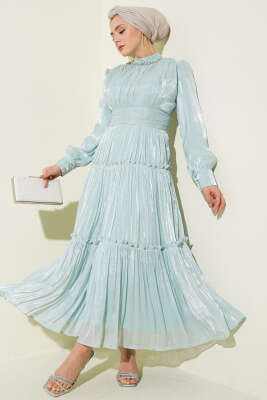 Yaka Taşlı Pileli Abiye Elbise Mint 