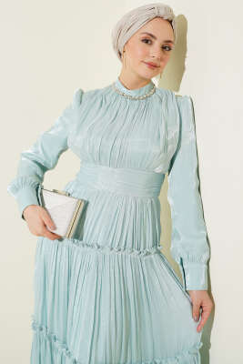 Yaka Taşlı Pileli Abiye Elbise Mint - Elbise