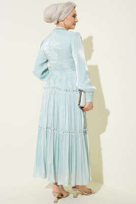 Yaka Taşlı Pileli Abiye Elbise Mint - Elbise