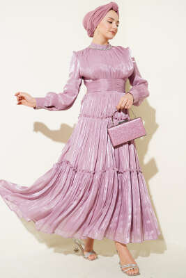 Yaka Taşlı Pileli Abiye Elbise Pudra 