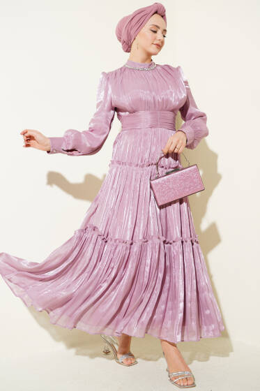 Yaka Taşlı Pileli Abiye Elbise Pudra - Elbise