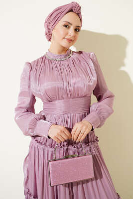 Yaka Taşlı Pileli Abiye Elbise Pudra - Elbise