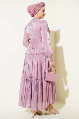 Yaka Taşlı Pileli Abiye Elbise Pudra - Elbise