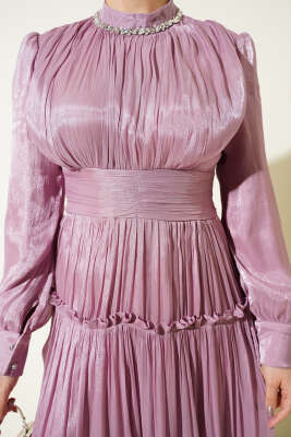 Yaka Taşlı Pileli Abiye Elbise Pudra - Elbise