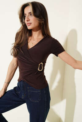 Yaka Tokalı Sandy Bluz Kahve - CALİENTE