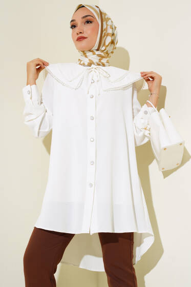 Yaka Ucu Dantelli Gömlek Ekru - Gömlek