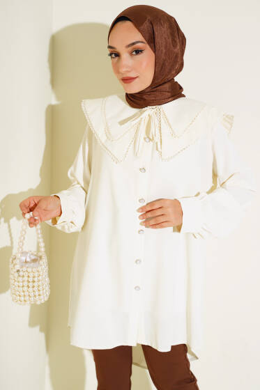 Yaka Ucu Dantelli Gömlek Krem - Gömlek