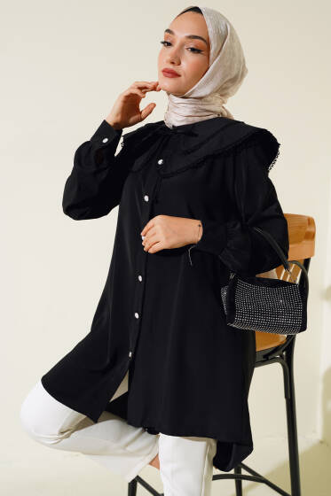 Yaka Ucu Dantelli Gömlek Siyah - Gömlek