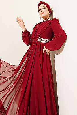 Yaka ve Bel Taşlı Şifon Abiye Elbise Bordo - PURE COSTUME