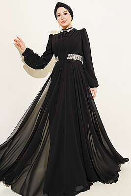 Yaka ve Bel Taşlı Şifon Abiye Elbise Siyah - PURE COSTUME