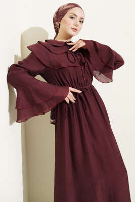 Yaka ve Bilek Fırfırlı Düğmeli Elbise Bordo - MODA NORVELLA