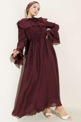 Yaka ve Bilek Fırfırlı Düğmeli Elbise Bordo - Elbise
