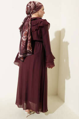 Yaka ve Bilek Fırfırlı Düğmeli Elbise Bordo - Elbise