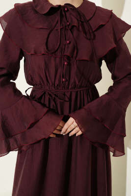 Yaka ve Bilek Fırfırlı Düğmeli Elbise Bordo - Elbise