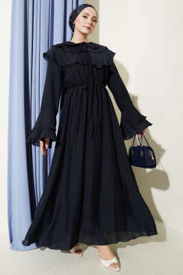 Yaka ve Bilek Fırfırlı Düğmeli Elbise Lacivert - MODA NORVELLA