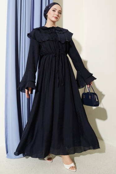 Yaka ve Bilek Fırfırlı Düğmeli Elbise Lacivert - Elbise
