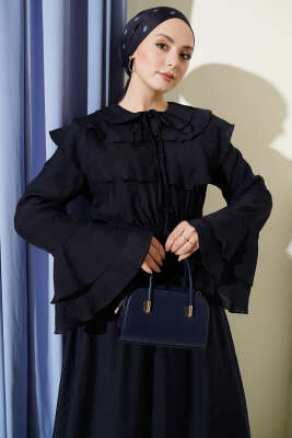 Yaka ve Bilek Fırfırlı Düğmeli Elbise Lacivert - Elbise