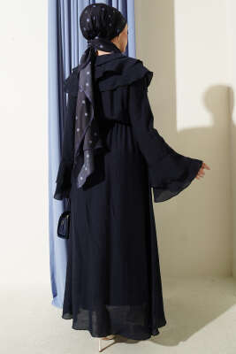 Yaka ve Bilek Fırfırlı Düğmeli Elbise Lacivert - Elbise