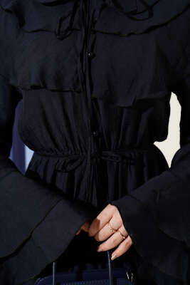 Yaka ve Bilek Fırfırlı Düğmeli Elbise Lacivert - Elbise