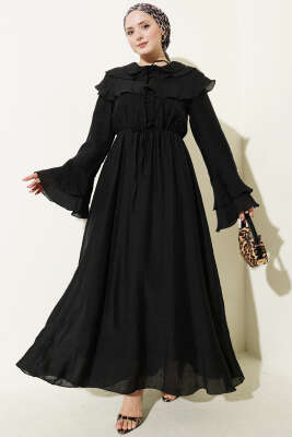 Yaka ve Bilek Fırfırlı Düğmeli Elbise Siyah - MODA NORVELLA