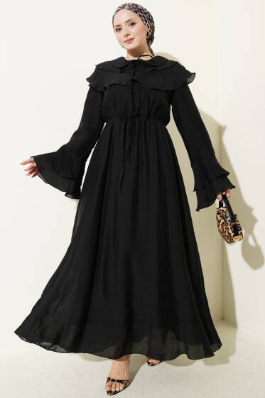 Yaka ve Bilek Fırfırlı Düğmeli Elbise Siyah - Elbise
