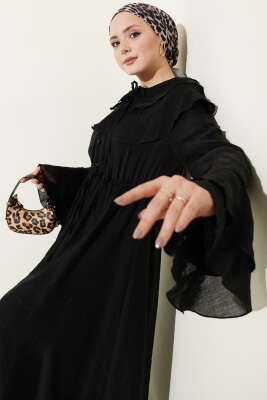 Yaka ve Bilek Fırfırlı Düğmeli Elbise Siyah - Elbise