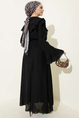 Yaka ve Bilek Fırfırlı Düğmeli Elbise Siyah - Elbise