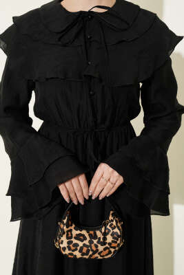 Yaka ve Bilek Fırfırlı Düğmeli Elbise Siyah - Elbise